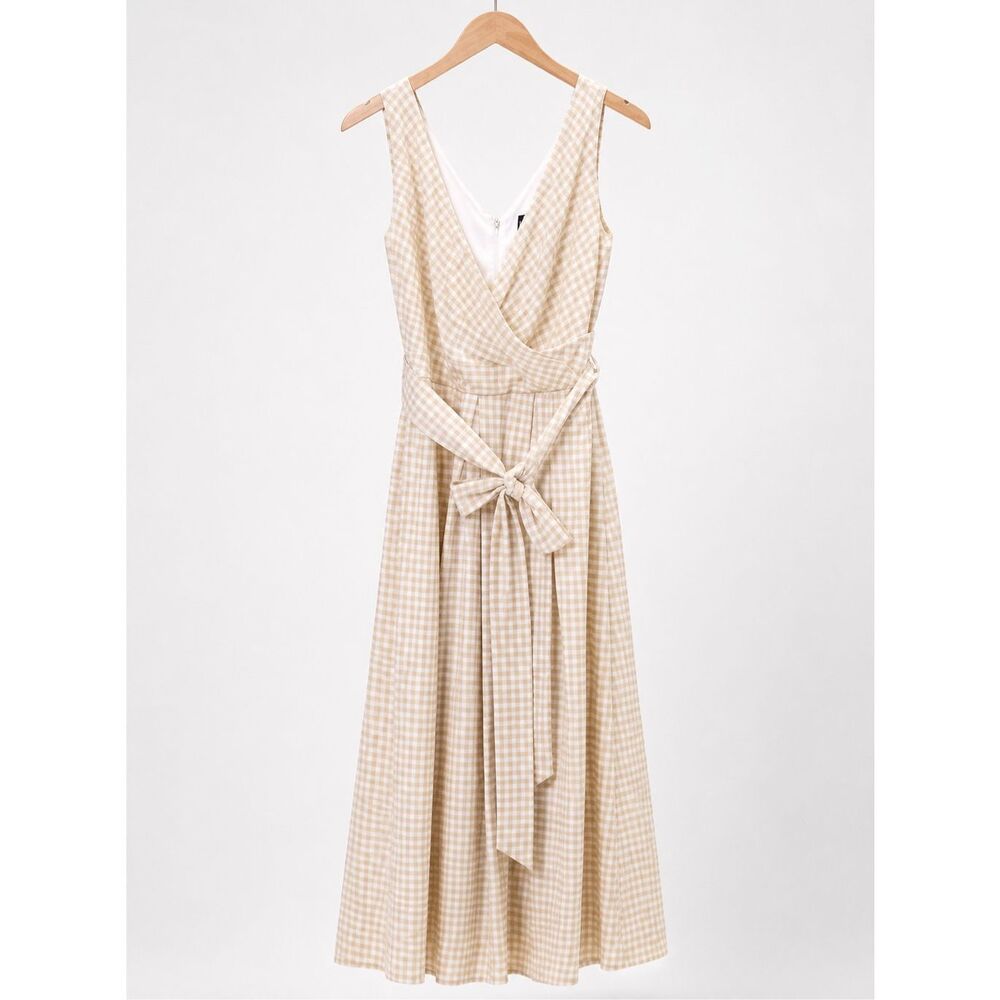 Donna Karan New York Linen Blend Gingham Wrap Midi Dress Beige Size 12